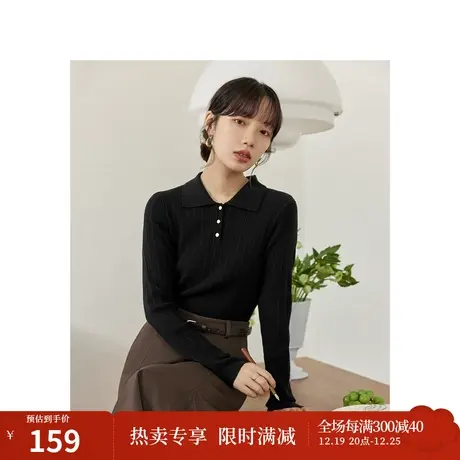 茵曼法式通勤半开襟翻领毛衣2023秋女装新款文艺坑条显瘦针织上衣商品大图