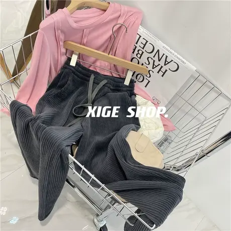 高JI感灰色条绒直筒裤女春季新款垂感显瘦松紧腰坑条灯芯绒阔腿裤商品大图