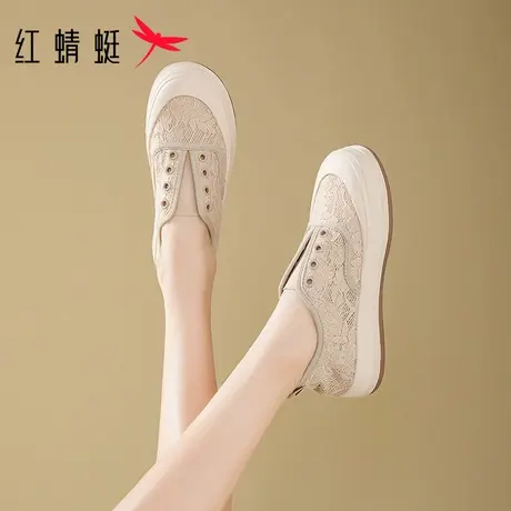 红蜻蜓网纱板鞋女2025夏季新款一脚蹬透气渔夫蕾丝网鞋网面板鞋图片