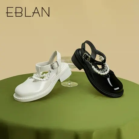 伊伴春季玛丽珍鞋后空凉鞋低跟珍珠浅口单鞋女鞋四季鞋小皮鞋商品大图