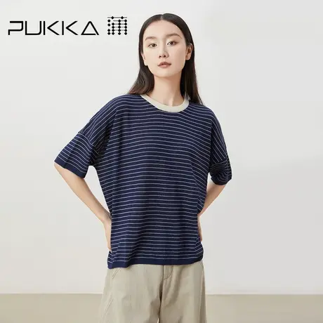 蒲PUKKA 海军风条纹针织衫女2023春夏新款宽松罗纹圆领T恤图片