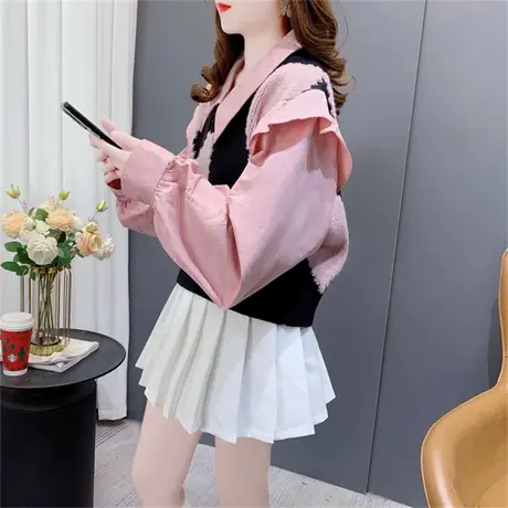 设计感衬衫拼接针织衫毛衣女春季2023新款韩版宽松短款小个子上衣图片