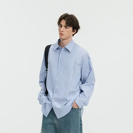 Lilbetter立体泡泡纱肌理蓝色条纹长袖衬衫2025浅春系穿搭寸衫男商品大图