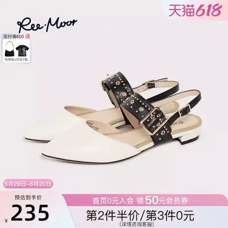 REEMOOR睿慕铆钉一字扣跟鞋粗跟尖头白色包头后空凉鞋柳丁图片