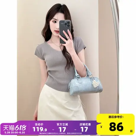 唐狮25夏季新款毛线衫女V领短袖时尚简约气质针织上衣女W图片