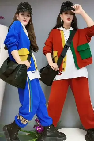 欧货时尚撞色休闲套装女2023年秋季新款韩版卫衣外套束脚裤两件套商品大图