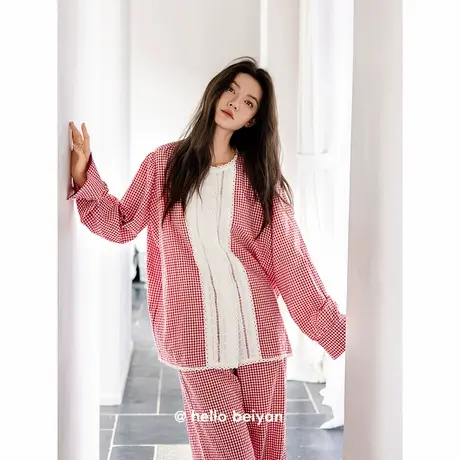 贝妍本命年睡衣女春秋新款柔软棉长袖家居服甜美少女格子开衫套装商品大图