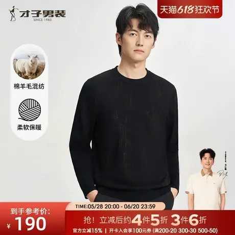 才子男装羊毛针织衫男士2024秋冬季新款保暖打底内搭圆领套头毛衣商品大图