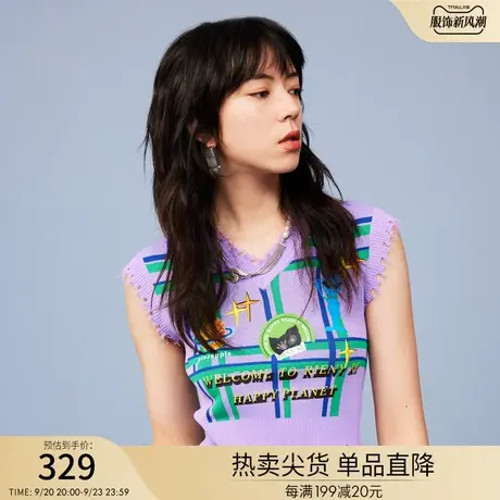 RIENYRE背心内搭女春秋撞色格纹外星人印花针织无袖背心针织马甲商品大图