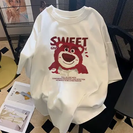 卡通oversize白色短袖t恤女夏慵懒风大码闺蜜装ins潮宽松显瘦上衣商品大图