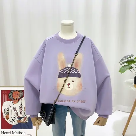 2023年春季新款卫衣印花兔子刺绣字母百搭休闲中长款圆领韩版8072商品大图