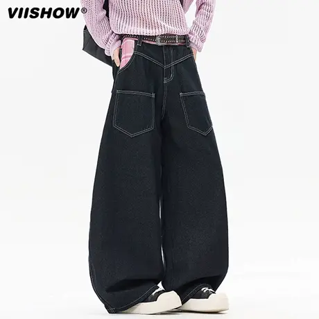 VIISHOW美式复古格子拼接牛仔裤男秋新款设计感显瘦阔腿裤拖地裤商品大图