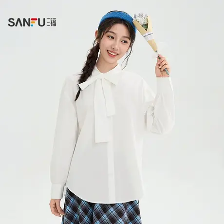 三福长衬衫2025冬季净色蝴蝶结绑带纽扣立领上衣女装510259商品大图