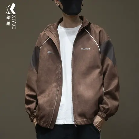 撞色拼接麂皮绒夹克男士外套秋款宽松大码日系少年感翻领衬衣男装商品大图