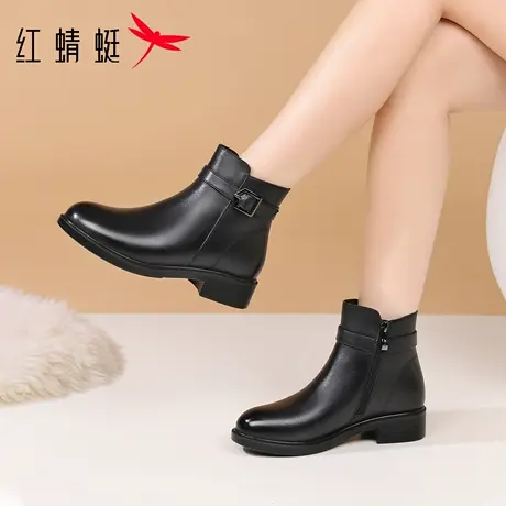 红蜻蜓冬季女鞋女士中筒靴子女短靴真皮加绒保暖妈妈皮靴高帮棉靴图片