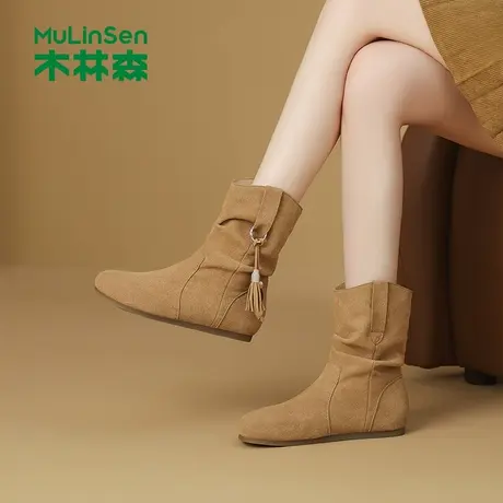 木林森女鞋2025秋季新款百搭舒适堆堆靴复古中筒靴平底低跟瘦瘦靴商品大图