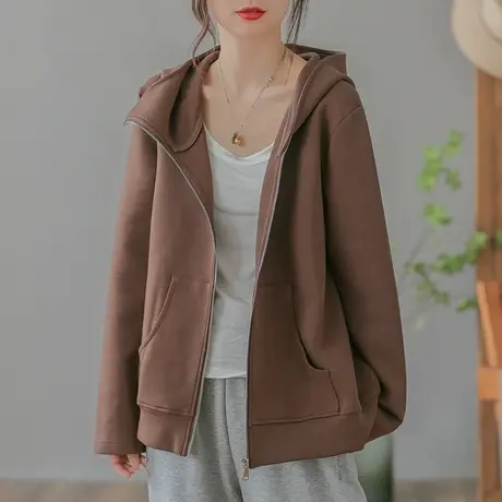 dza 复古休闲短款连帽外套女士春秋新款宽松拉链长袖上衣运动夹克图片