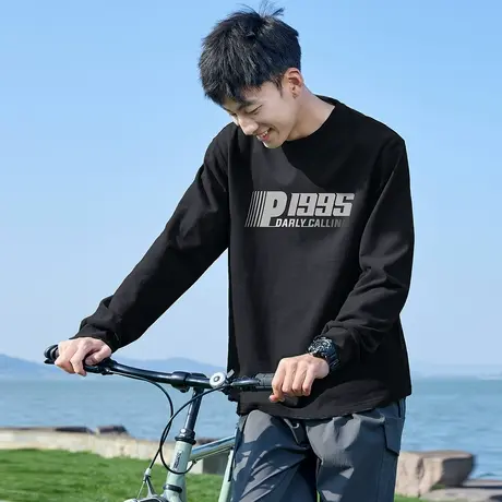 唐狮春季新款男长袖t恤男前胸大图案设计感潮印花圆领长袖T恤TD商品大图