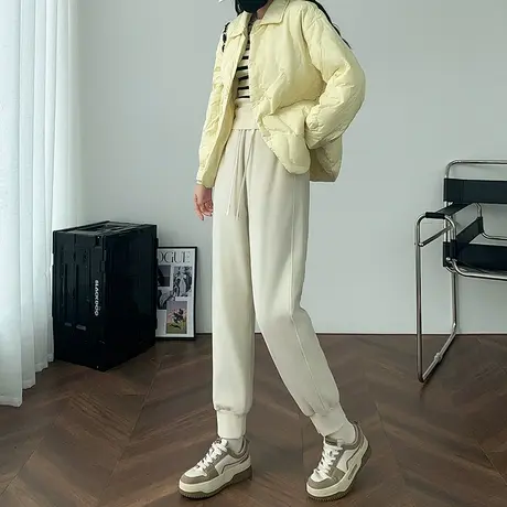 米白色羽绒裤女加厚保暖冬季新款高腰抽绳束脚弹力休闲哈伦小脚裤商品大图