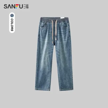 三福2023冬男士内里印花复古牛仔裤 时尚宽松直筒长裤男477136商品大图