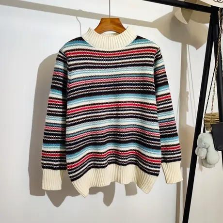 半高领条纹撞色毛衣女宽松套头2023新款秋冬休闲百搭针织上衣外穿商品大图