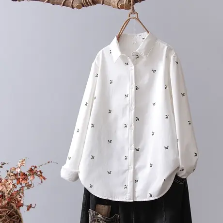 2023秋装新款双层棉纱长袖衬衫女韩版小清新印花树叶纯棉柔软衬衣图片