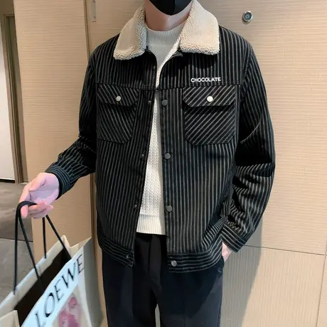 秋冬新款条纹棉衣夹克男潮流工装翻领痞帅防寒加厚机车服皮衣外套商品大图