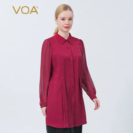 VOA真丝提花POLO领透视衬衫袖乔其拼接单排扣褶皱直筒桑蚕丝衬衫商品大图