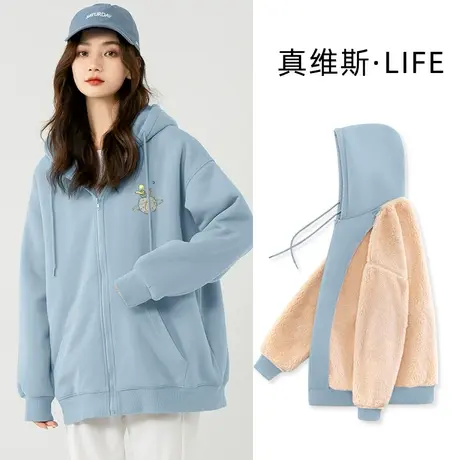 真维斯LIFE奶蓝色连帽外套2023秋季新款外套加厚保暖长袖卫衣女装商品大图