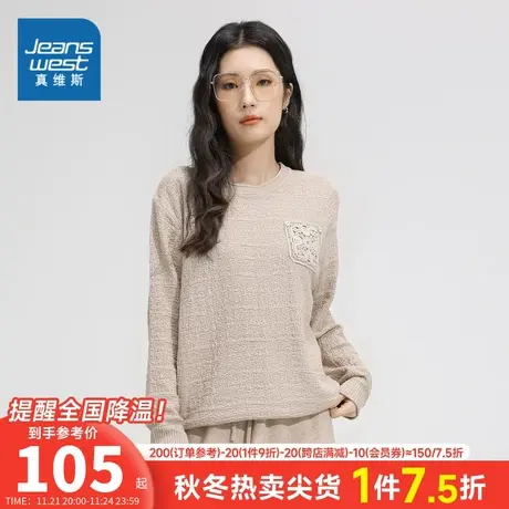 GA真维斯2023年冬季新款女装圆领特织长袖毛衣绣花温柔慵懒森系风商品大图