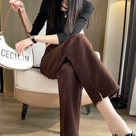 咖啡色直筒牛仔裤女2024年春秋新款高腰显瘦九分烟管裤小个子八分商品大图