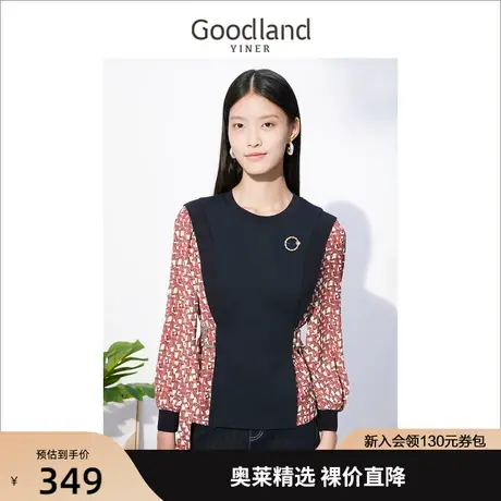 音儿美地女装2022秋季新款系带收腰上衣印花拼接针织衫商品大图