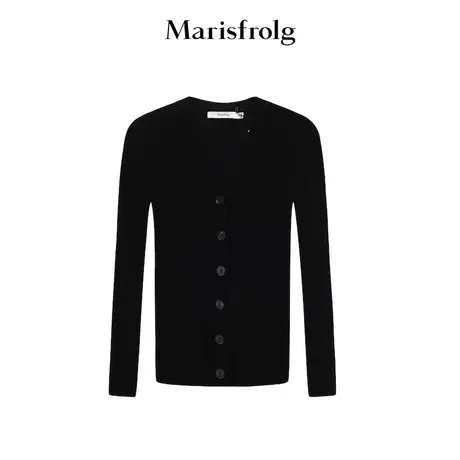 【亲肤系列】玛丝菲尔2022年春季新款黑色V领开衫针织衫显瘦内搭商品大图