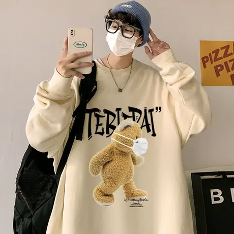 暴走小熊卫衣男春秋季圆领ins潮牌港风情侣款设计感落肩宽松衣服商品大图