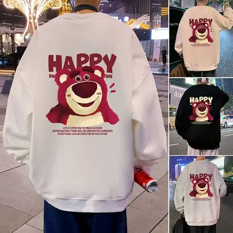 草莓熊长袖加绒卫衣男女春秋季美式宽松潮牌圆领打底上衣无帽外套商品大图