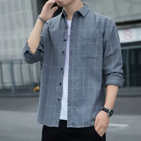 2023春秋装长袖衬衫男格子衬衣宽松上衣秋季休闲大码男装商务秋衣商品大图