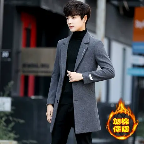 羊毛呢子外套中长款男士秋冬季加绒加厚风衣青年韩版潮流毛呢大衣商品大图