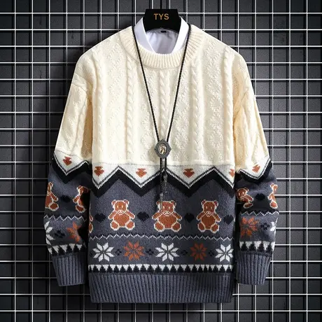 拼接圆领毛衣男秋冬款设计感小众复古针织毛衫男装潮牌线衣服外套商品大图