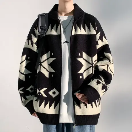 针织衫外套男春秋季新款宽松慵懒风开衫毛衣男士潮牌提花翻领夹克商品大图