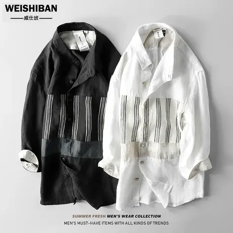 撞色拼接亚麻短袖衬衫男士美式休闲薄款透气七分袖衬衣中袖外套男商品大图