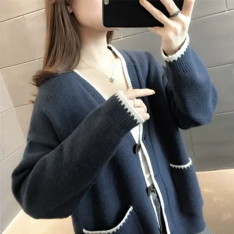 慵懒风针织开衫宽松显瘦2022年秋装新款V领口袋纯色毛衣外套女装商品大图