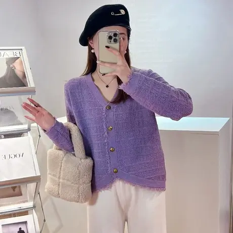 小香风毛衣开衫女针织短外套春秋款2023春季新款宽松显瘦紫色上衣商品大图