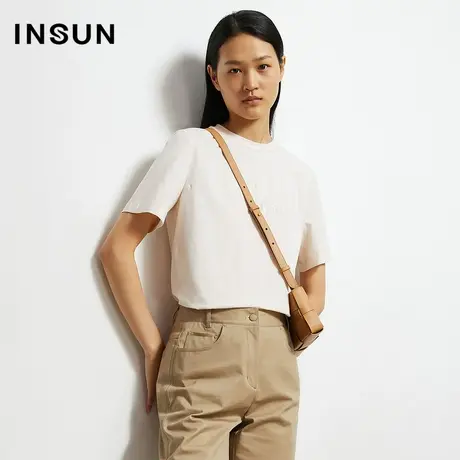 INSUN恩裳秋季纯色圆领棉质修身T恤图片