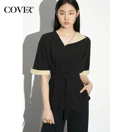 COVER夏季蝙蝠袖撞色醋酸衬衫图片