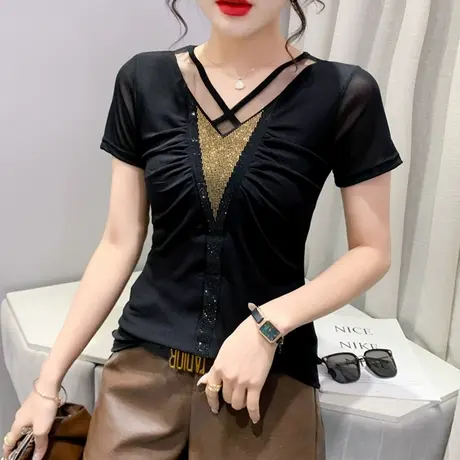 2024夏装新款网纱V领短袖T恤女时尚气质烫钻上衣紧身百搭小衫半袖商品大图