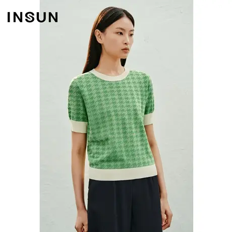 INSUN恩裳专选芝麻点提花双色格纹冰丝针织衫商品大图