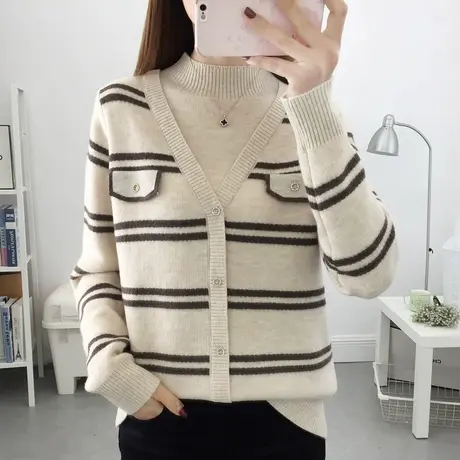 假两件一体绒加绒加厚毛衣女2024冬季新款条纹宽松保暖针织衫洋气商品大图