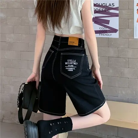 黑色刺绣牛仔短裤女夏季薄款高腰中裤小个子宽松直筒显瘦五分裤子商品大图
