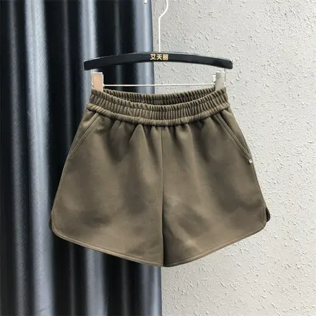 欧货侧边开叉休闲裤女2023秋季新款咖啡色松紧腰时尚百搭阔腿短裤商品大图
