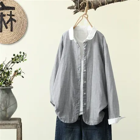 春秋新款双层棉纱娃娃领文艺衬衫女长袖百搭宽松纯棉拼色格子衬衣商品大图